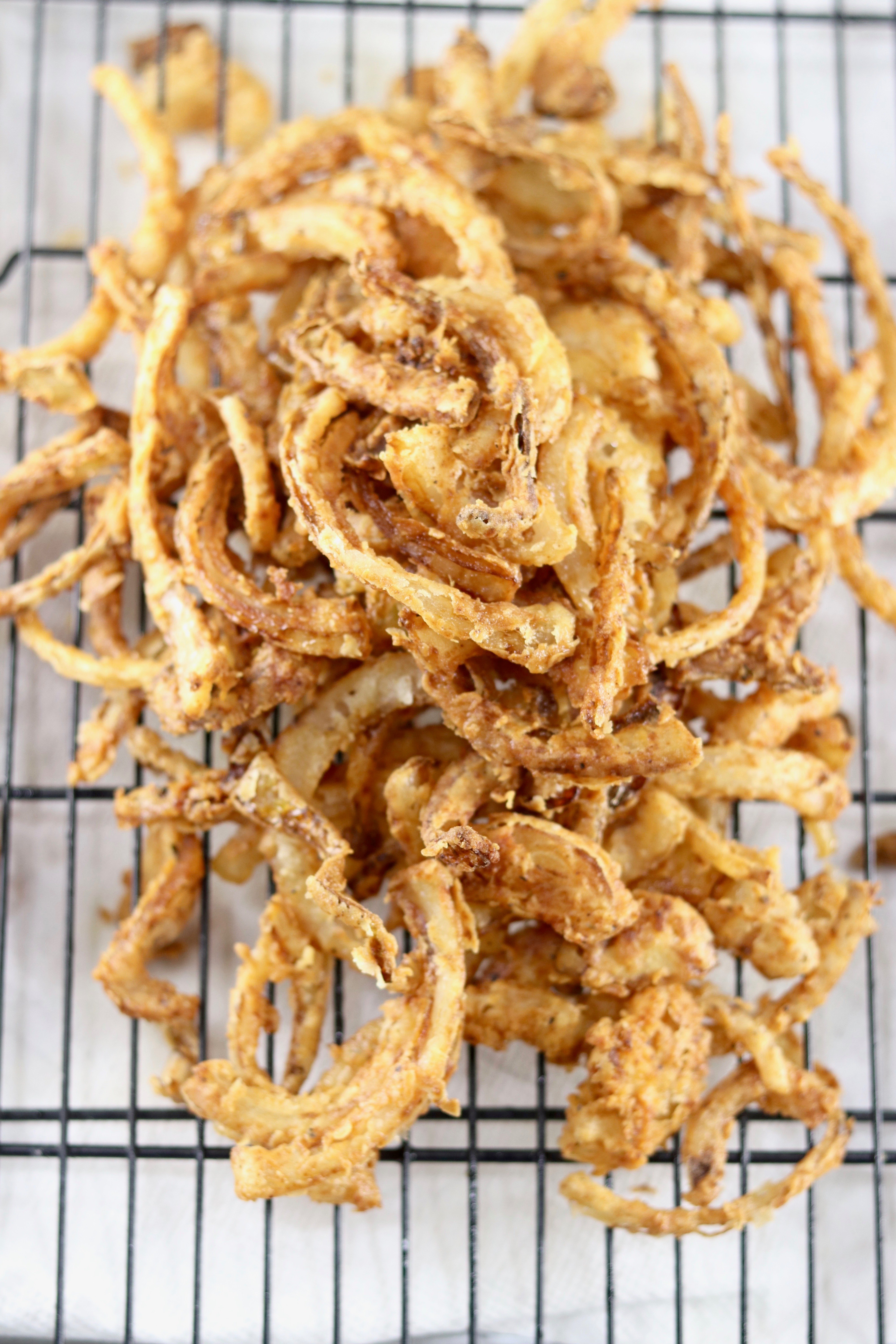 Easy Onion Strings ~ Crispy Burger Topping - Miss in the Kitchen