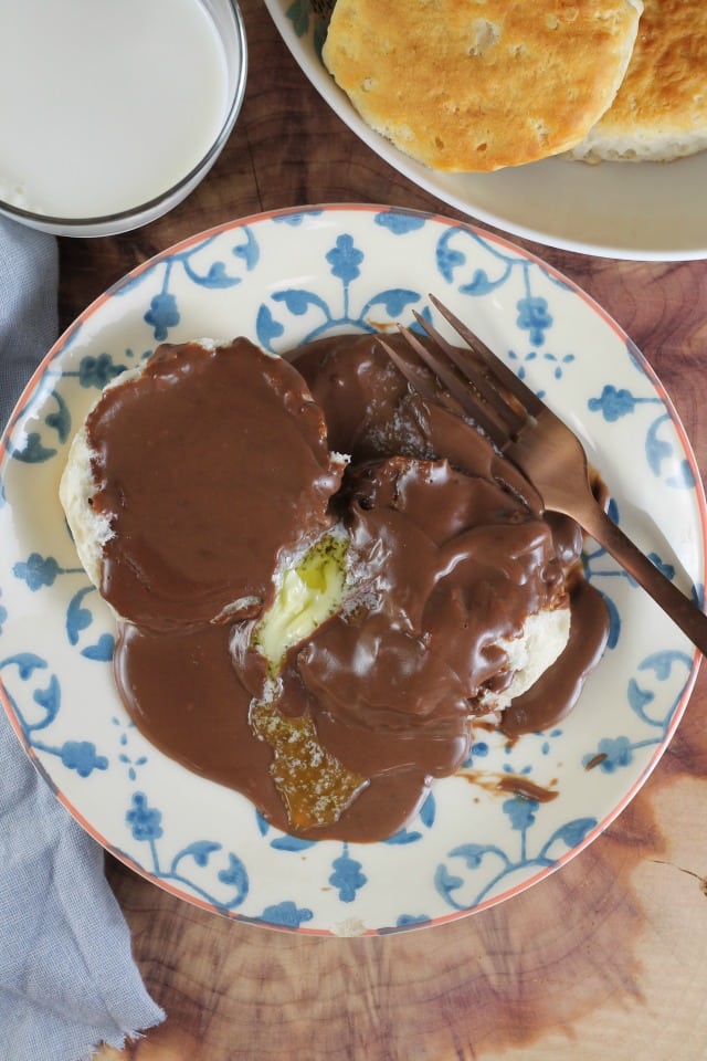Homemade Chocolate Gravy Recipe is a favorite breakfast treat! A decadent breakfast perfect for the weekend! Recipe from MissintheKitchen.com