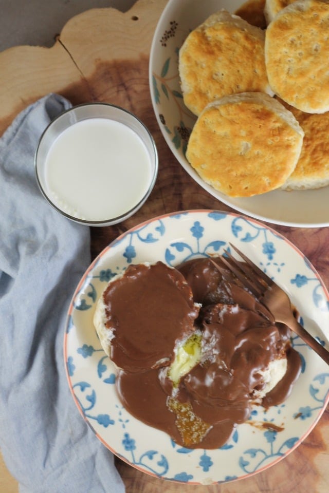 Chocolate Gravy Recipe is a family favorite breakfast and chocolate for breakfast is always a great idea! From MissintheKitchen.com