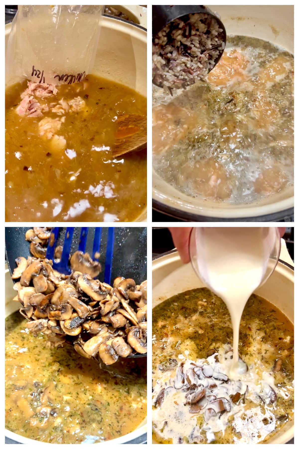 Collage making chicken wild rice soup with cream.