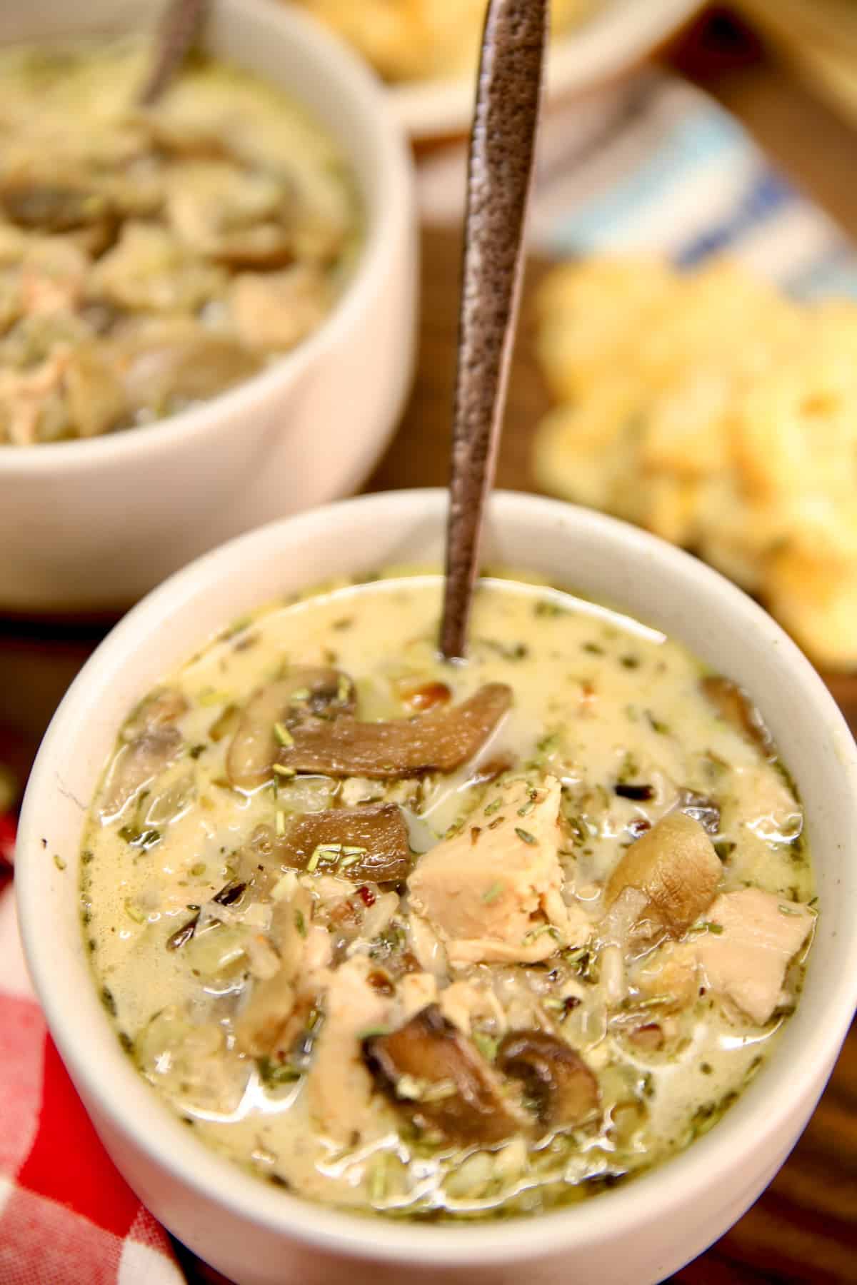 Bowl of Creamy chicken wild rice soup.