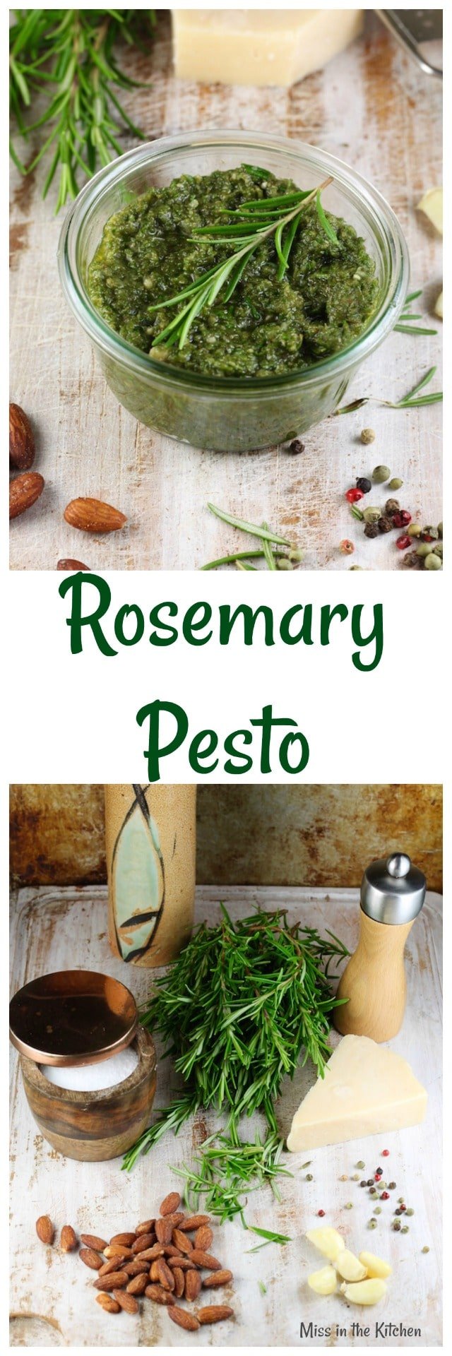 Rosemary Pesto Recipe ~ Adds flavor to so many dishes, from chicken to potatoes to soups or salad dressings! From MissintheKitchen.com