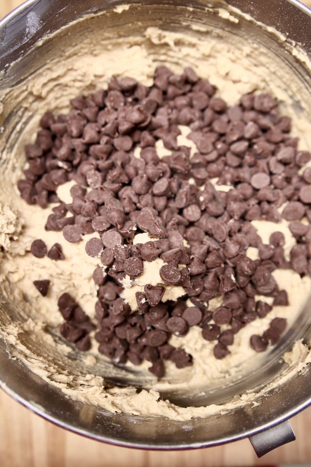Chocolate chips in cookie dough bowl