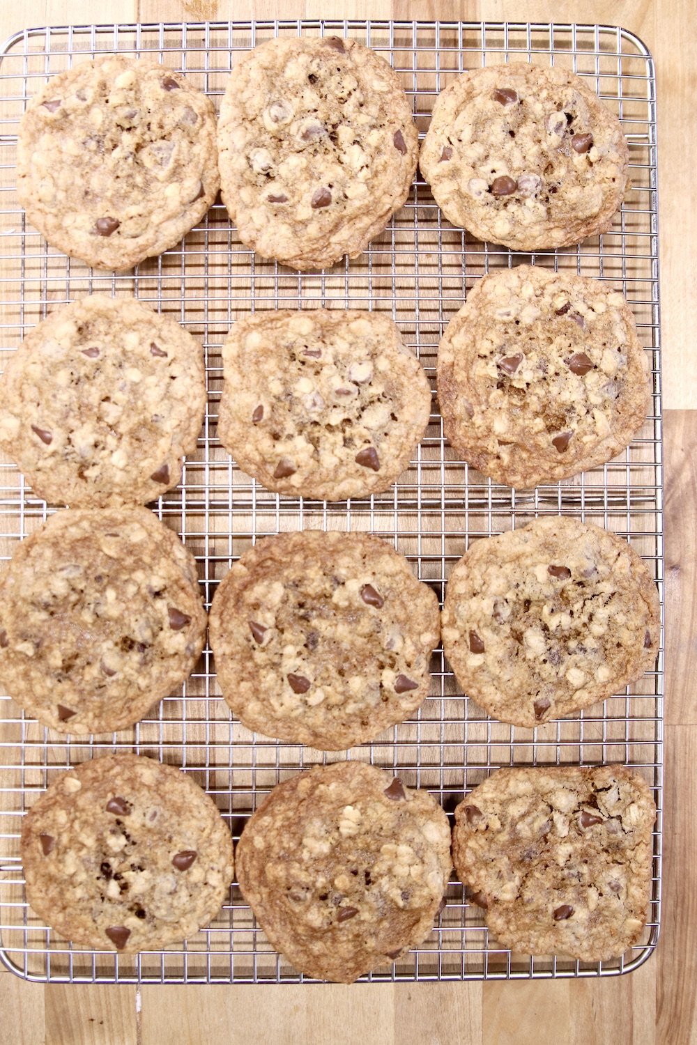 oatmeal chocolate chip cookies cooling on a wire reack