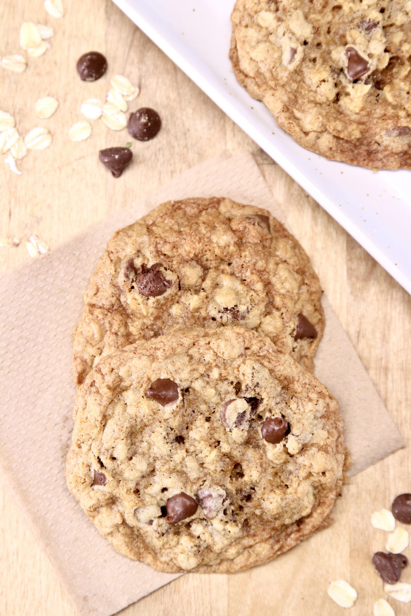 close up of chocolate chip oatmeal cookies