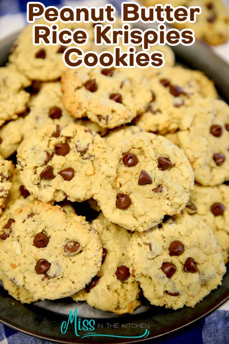 Plate of chocolate chip peanut butter cookies - text overlay.