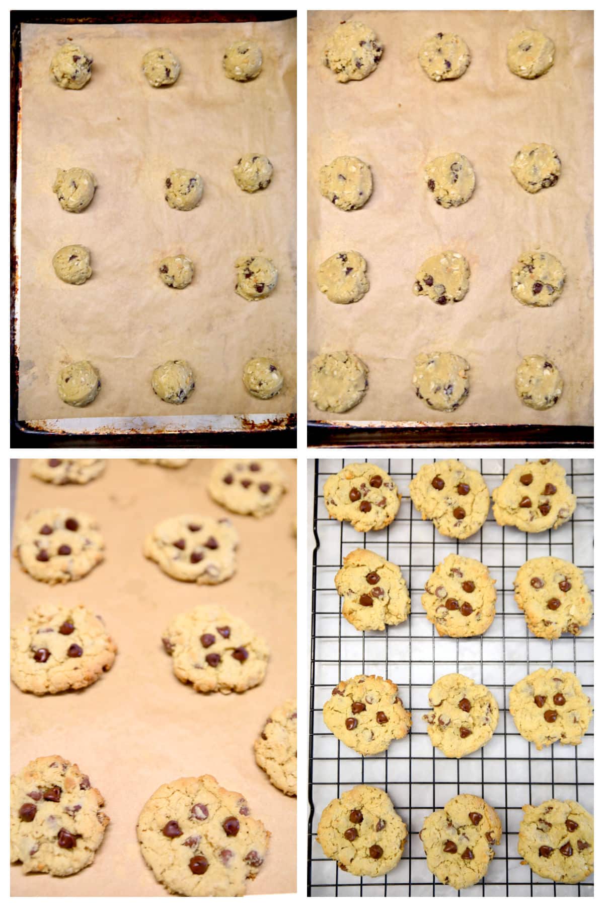 Collage of peanut butter chocolate chip cookie dough on a cookie sheet, baking.