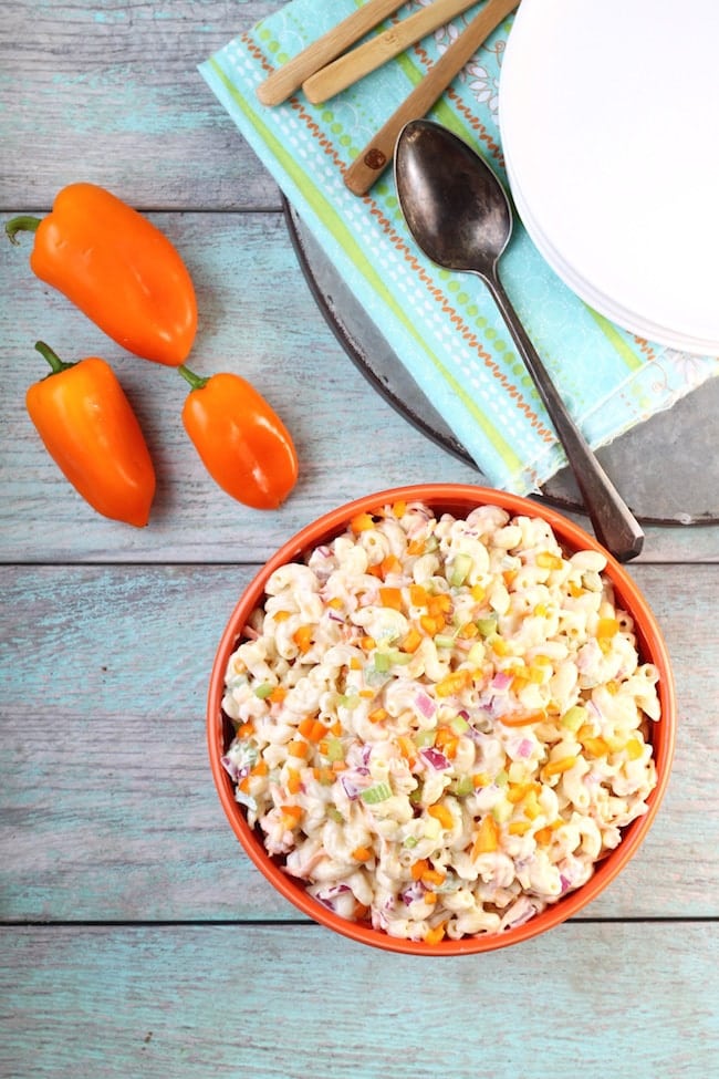 Bowl of The Best Macaroni Salad with sweet peppers 