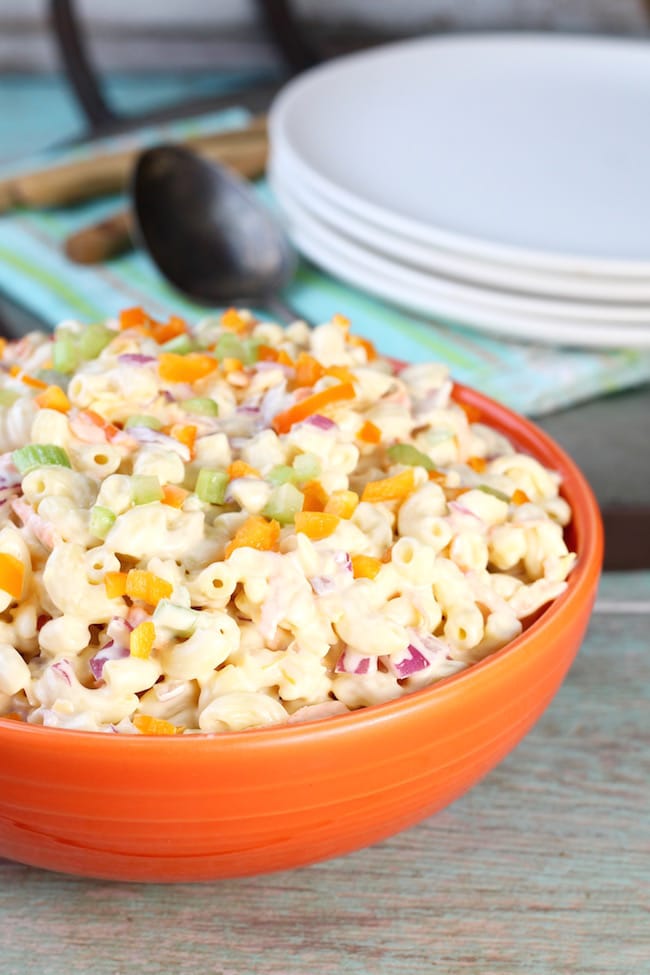 Sweet Macaroni Salad with peppers, carrots and red onion