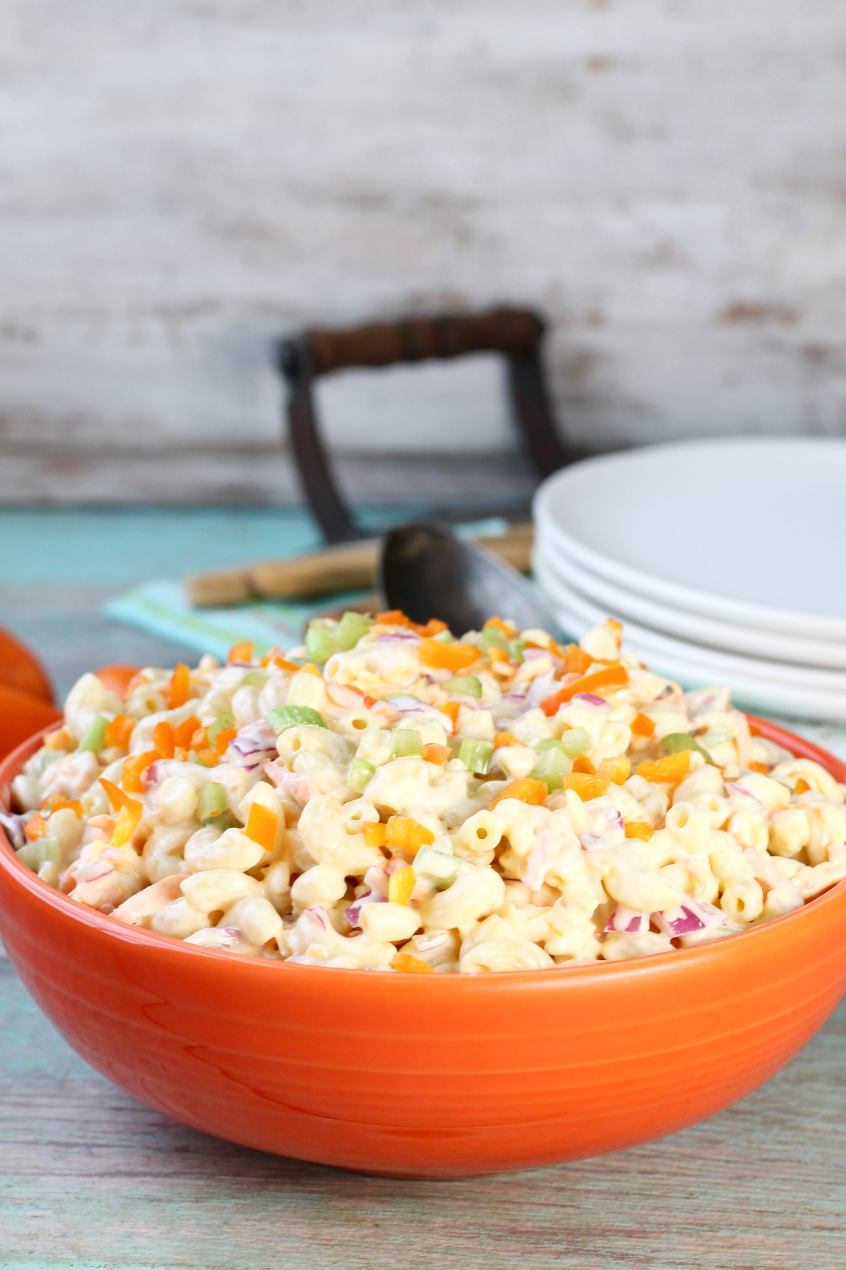 The Best Macaroni Salad Recipe in orange bowl