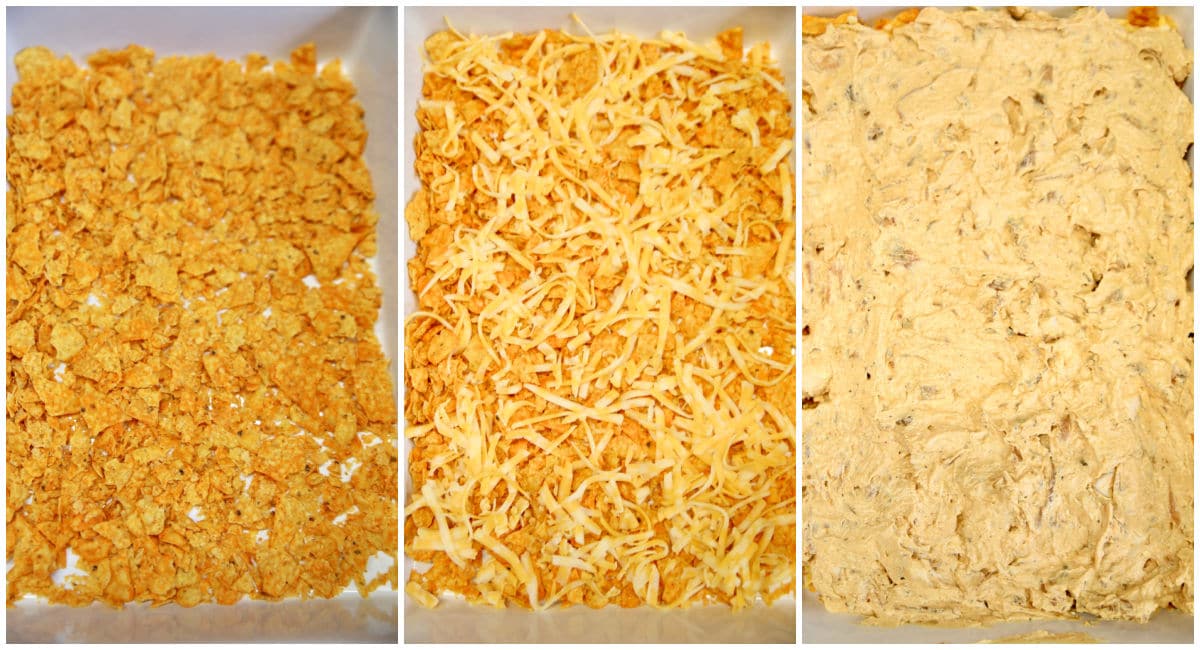 Collage layering Doritos, cheese, chicken filling in a pan.