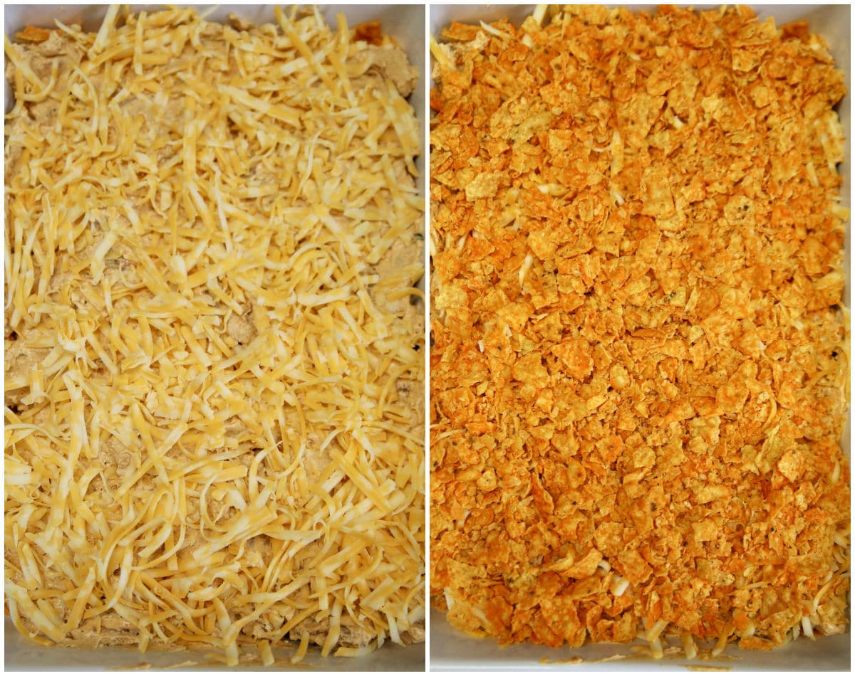 Collage of chicken casserole/topped with crushed Doritos.