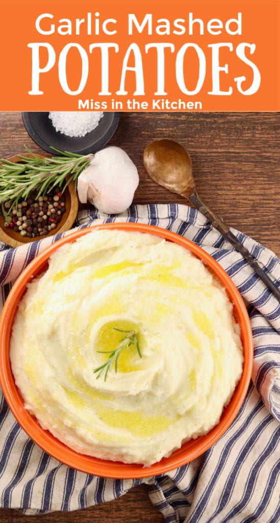 Garlic Mashed Potatoes with orange header and text overlay