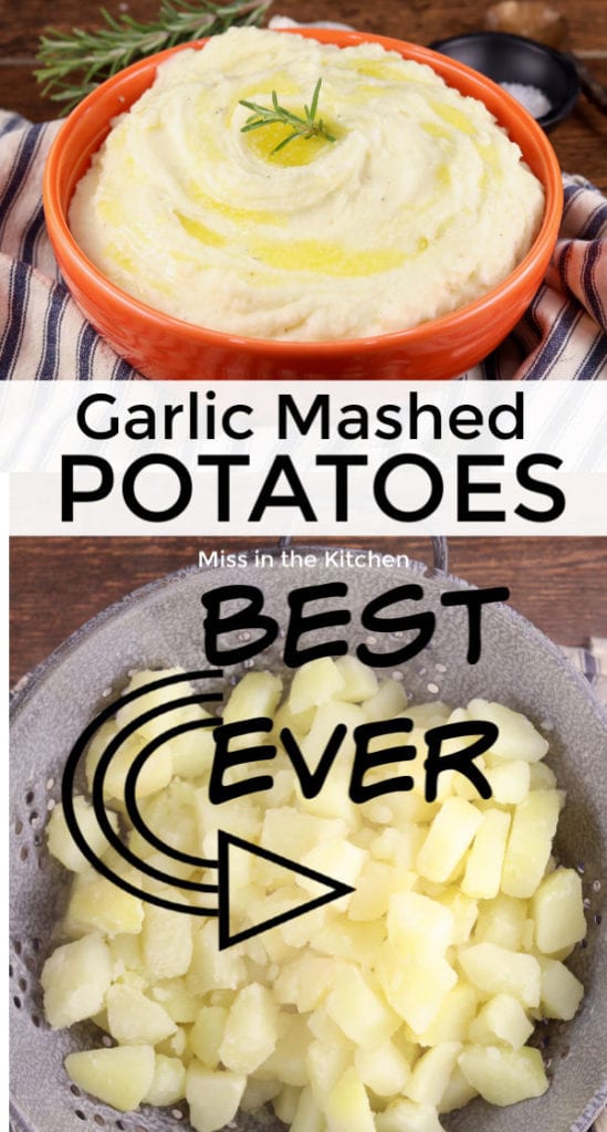 Collage of garlic mashed potatoes