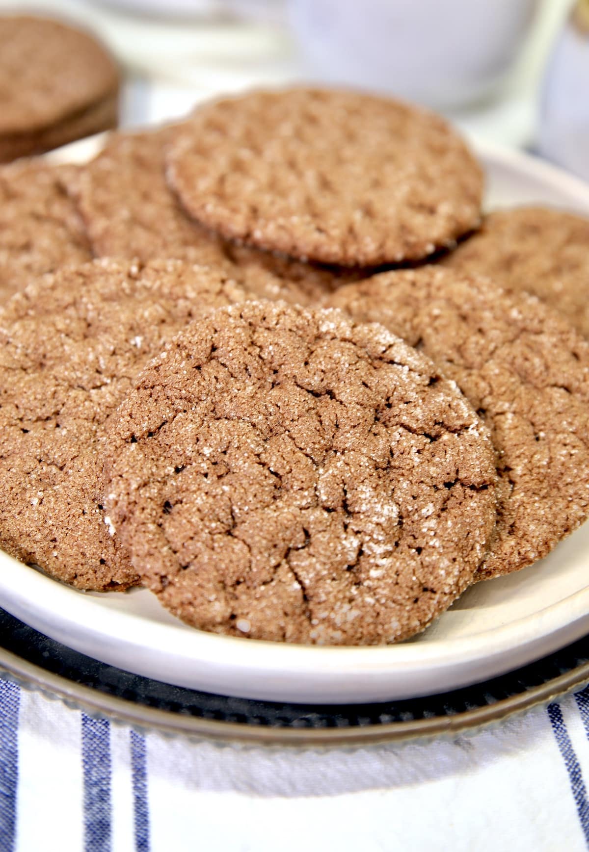 Closeup of plate of chocolate cookies. 