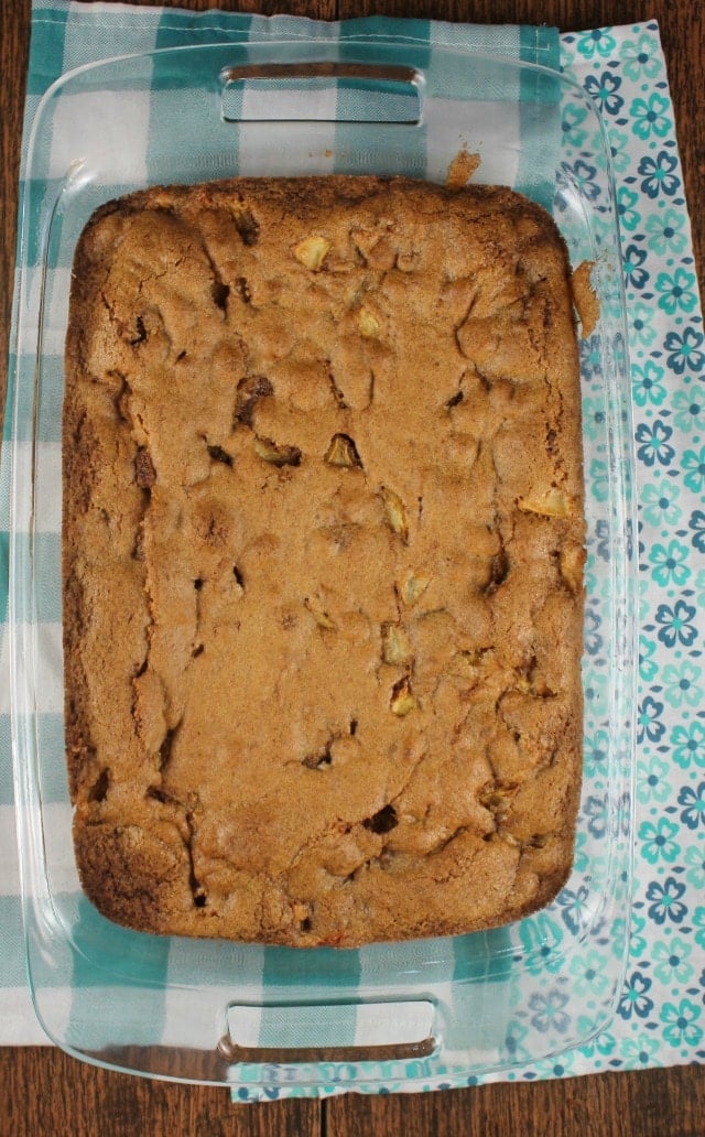 overhead view of apple cake in a glass baking dish