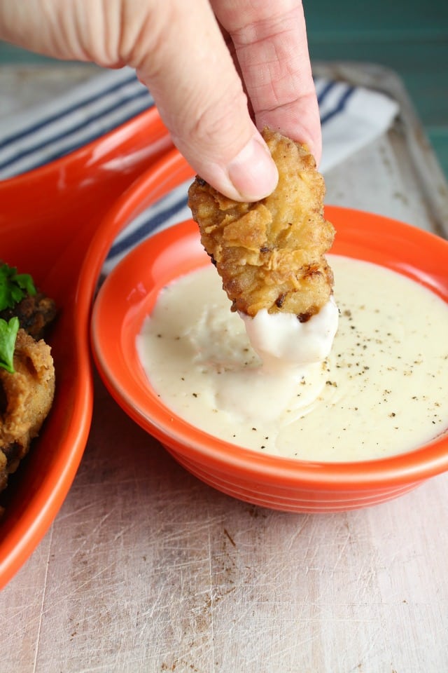 Chicken Fried Steak Bites with Country Gravy Recipe is my all-time favorite dinner. Get the recipe at MissintheKitchen.com