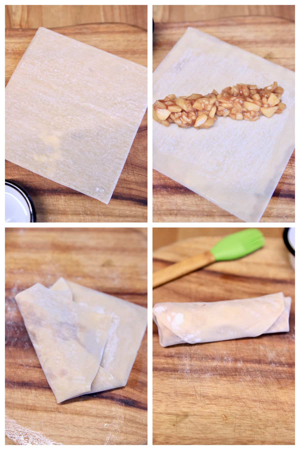 Filling egg roll wrappers with apple pie filling, rolling up. 