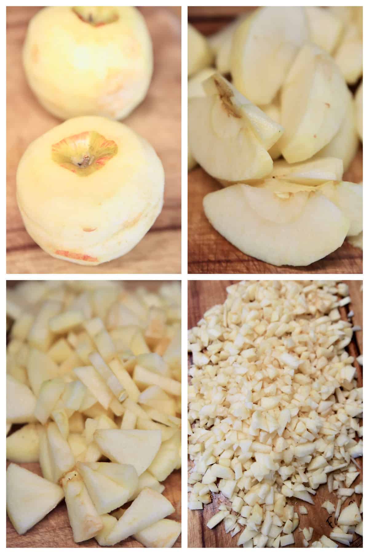 Apple collage: peeled, sliced, chopped, diced