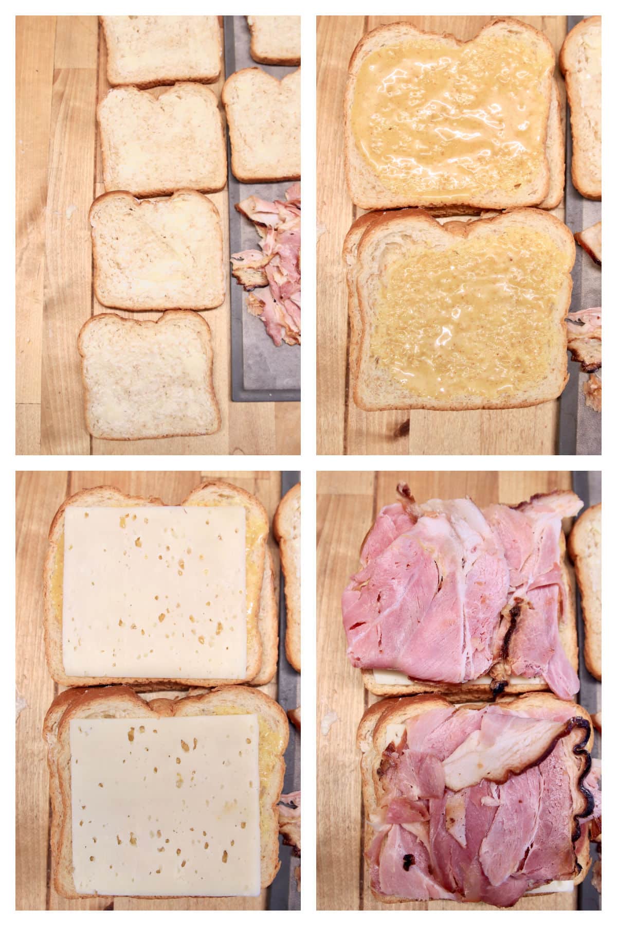 Collage making breakfast sandwiches with ham and cheese.