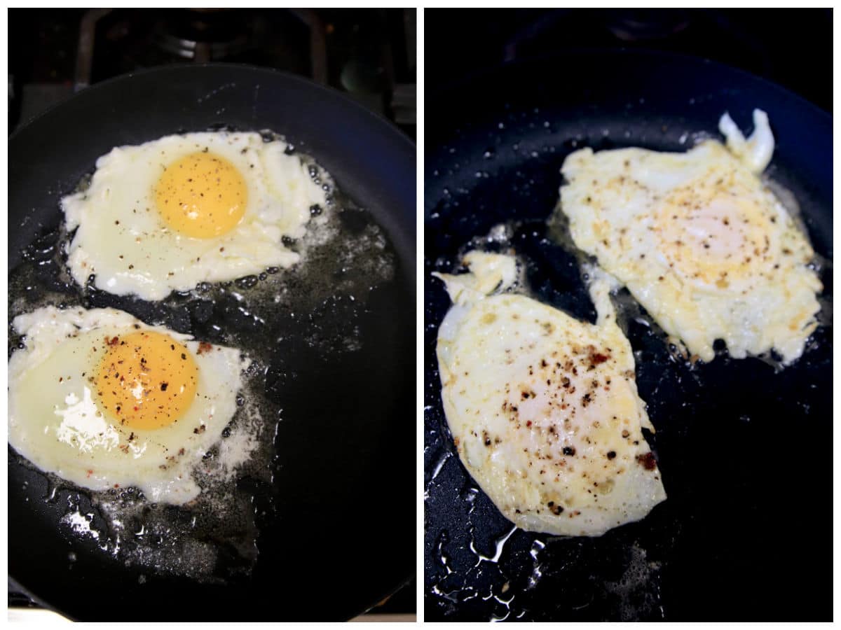 Collage, frying eggs.
