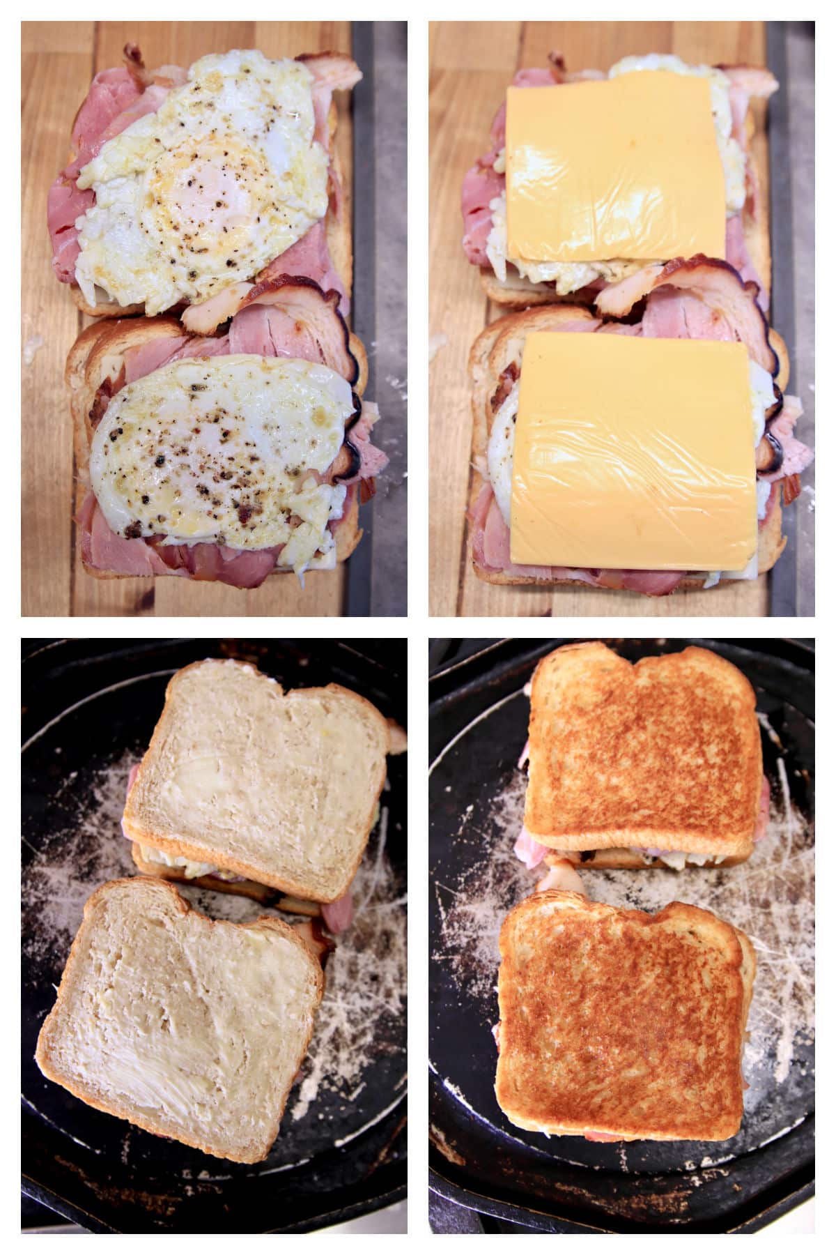Collage making egg sandwich, cooking on griddle.