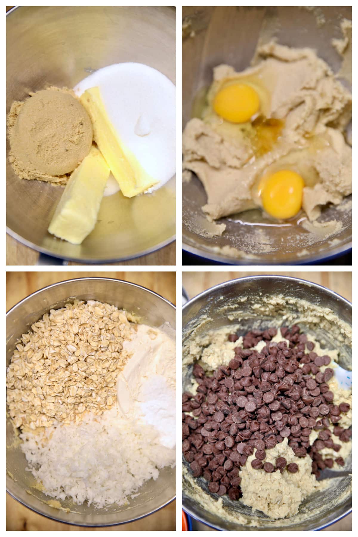 Collage making chocolate chip coconut cookie dough.