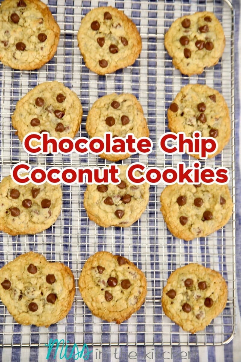 Wire rack of chocolate chip coconut cookies - text overlay.
