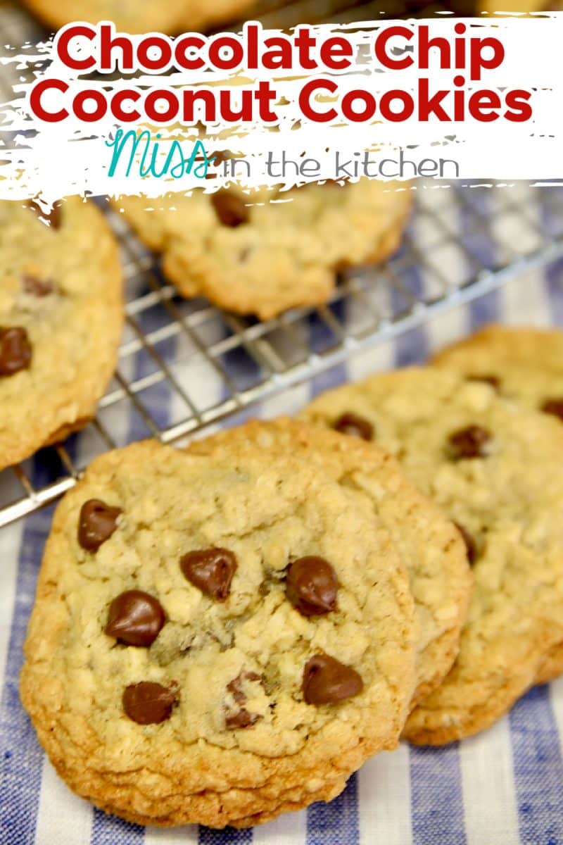 Chocolate chip coconut cookies in front of cooling rack - text overlay.