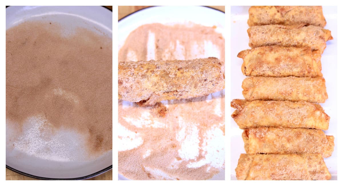 Collage: cinnamon sugar, rolling egg rolls in mixture, on a tray.