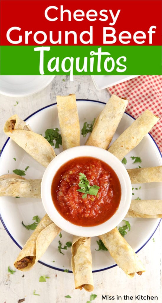 Cheesy Ground Beef Taquitos with text overlay