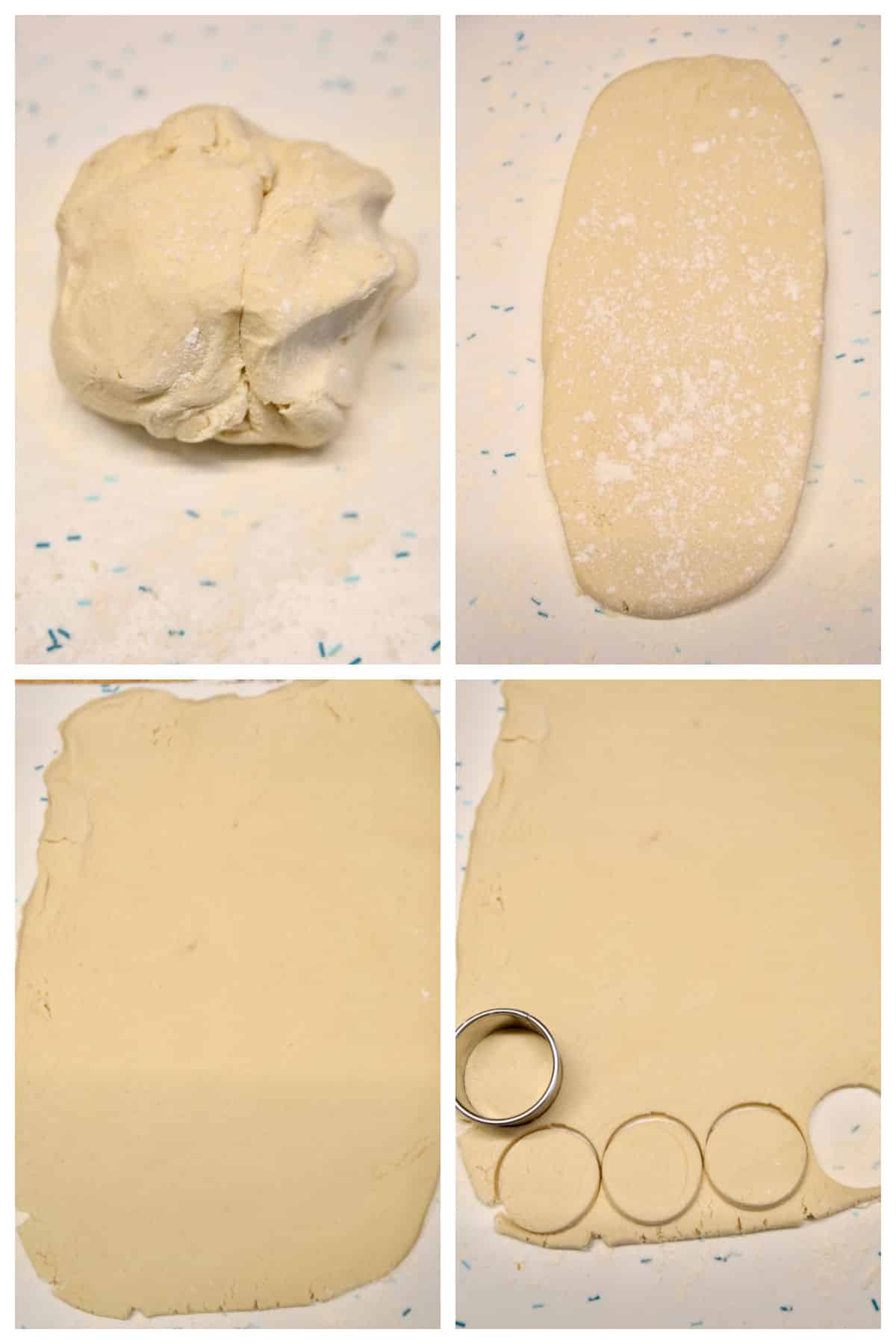 Collage: Shortbread dough, rolled, cut into circles.