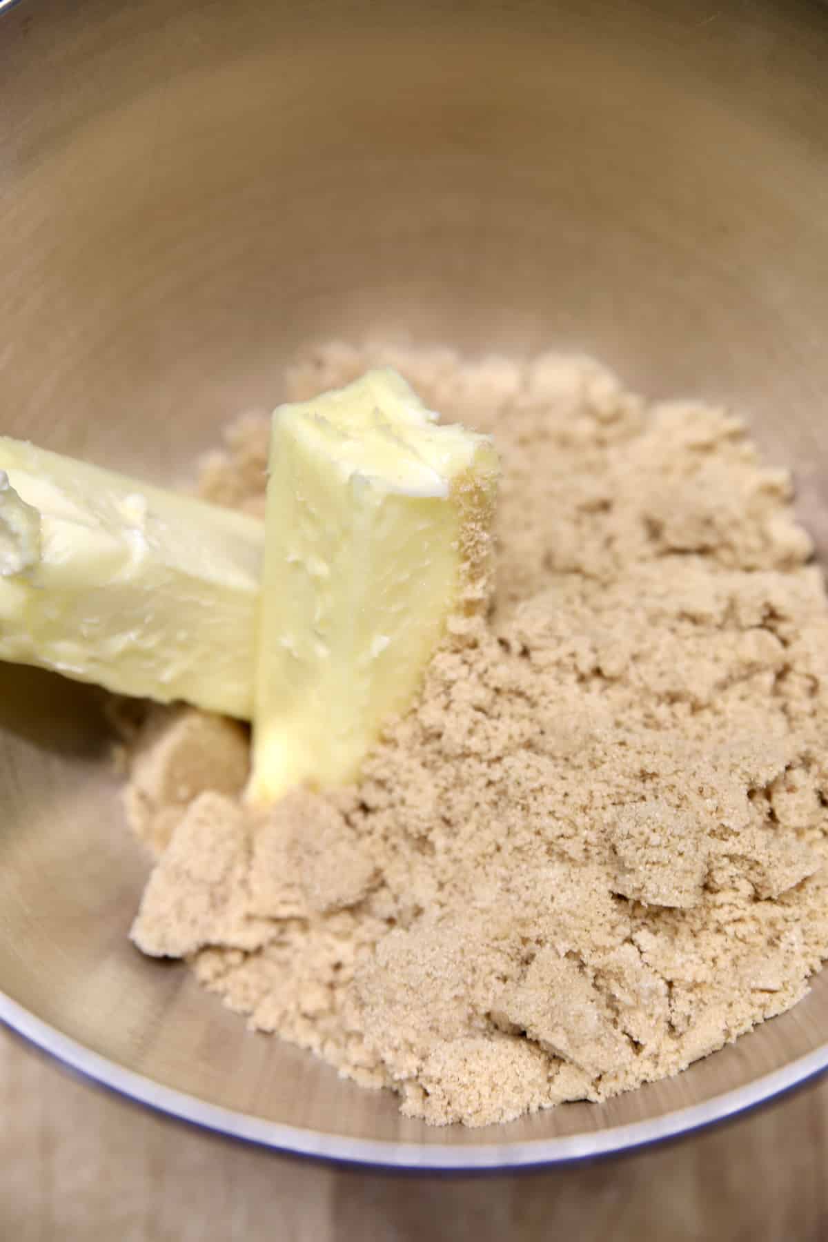 Butter and brown sugar in a mixer bowl.