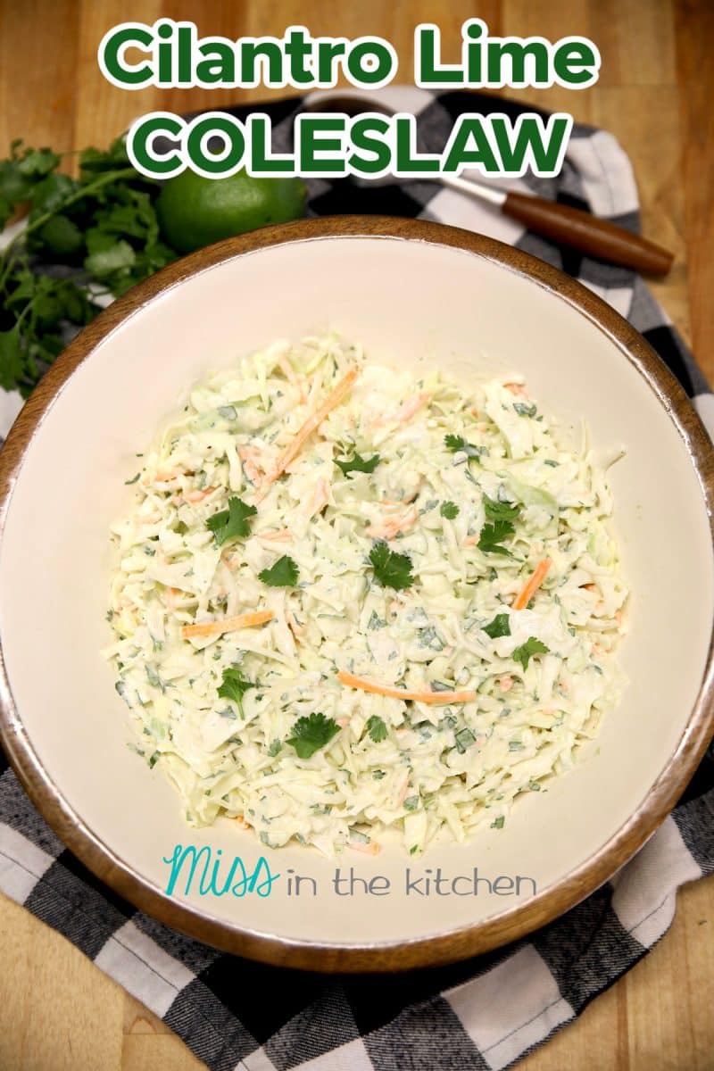 Bowl of cilantro lime coleslaw with text overlay.