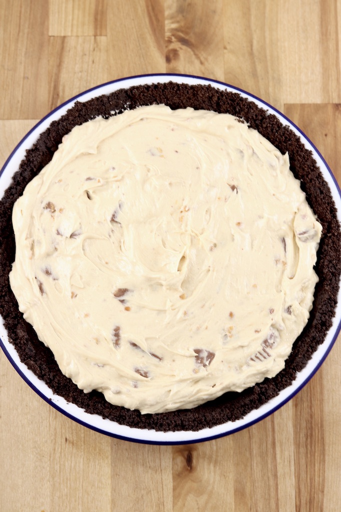 Oreo Crust with peanut butter filling -no bake pie- overhead view