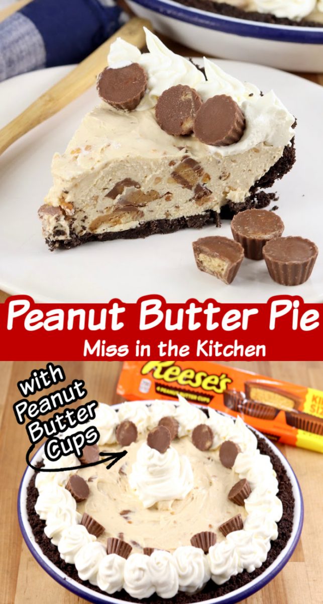 Collage - peanut butter pie, slice and whole pie - text overlay of title in center