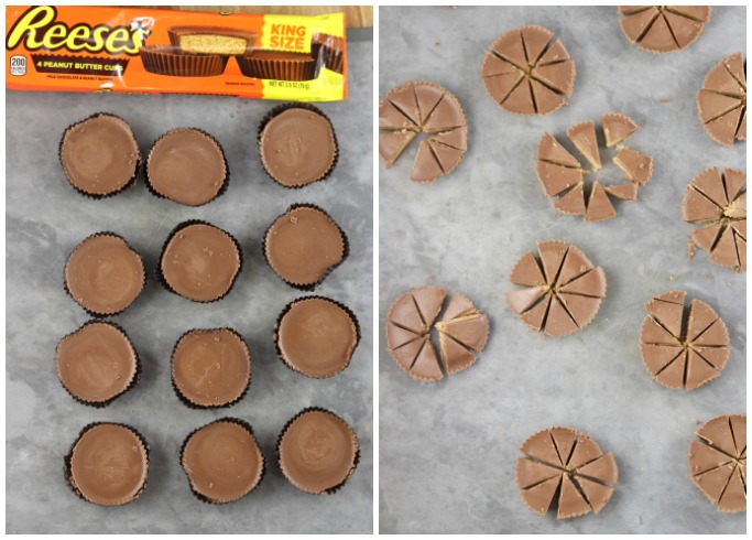 collage Reese's Peanut Butter Cup package, 12 peanut butter cups, and chopped peanut butter cups