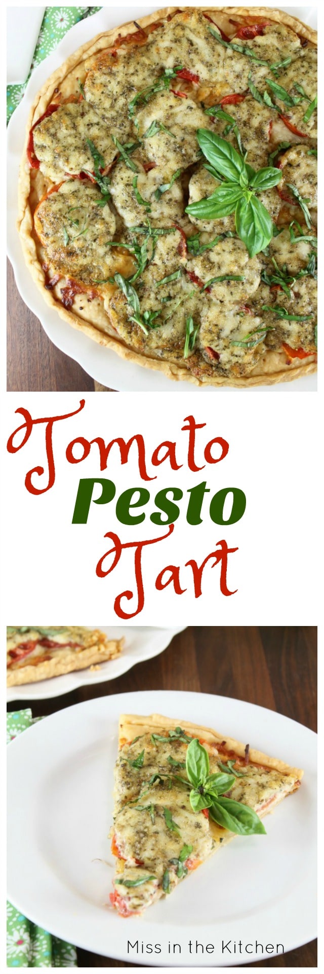 Tomato Pesto Tart Recipe is a delicious summer appetizer for parties! Get the recipe at MissintheKitchen.com