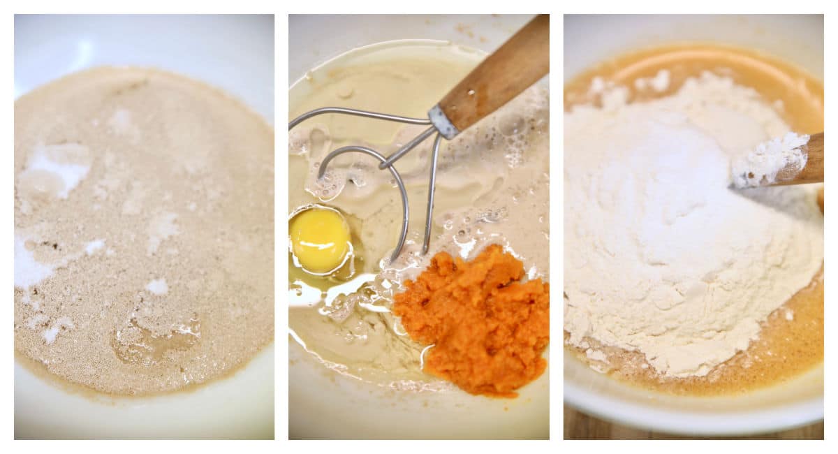 Collage making pumpkin yeast rolls.