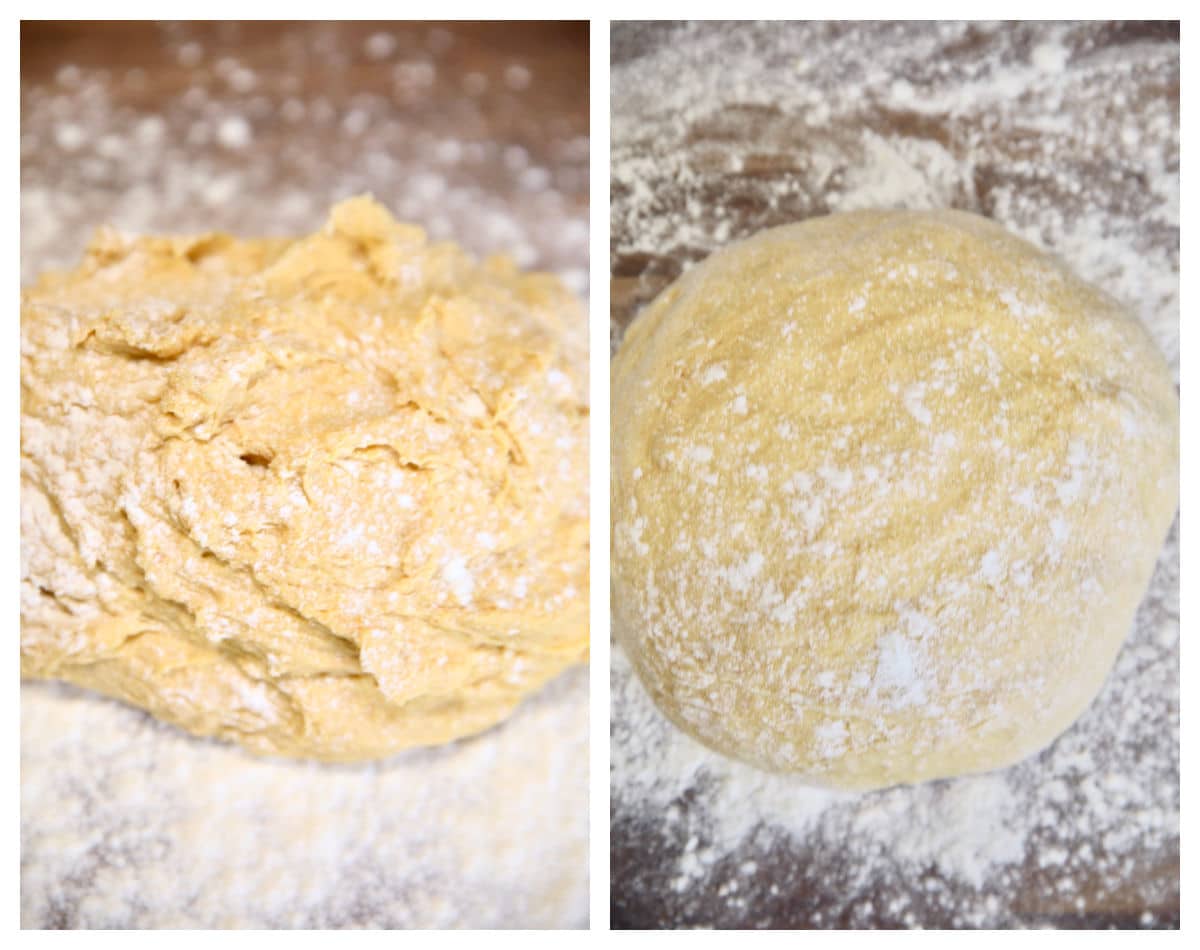 Collage, pumpkin yeast dough on floured board/kneaded dough ball.