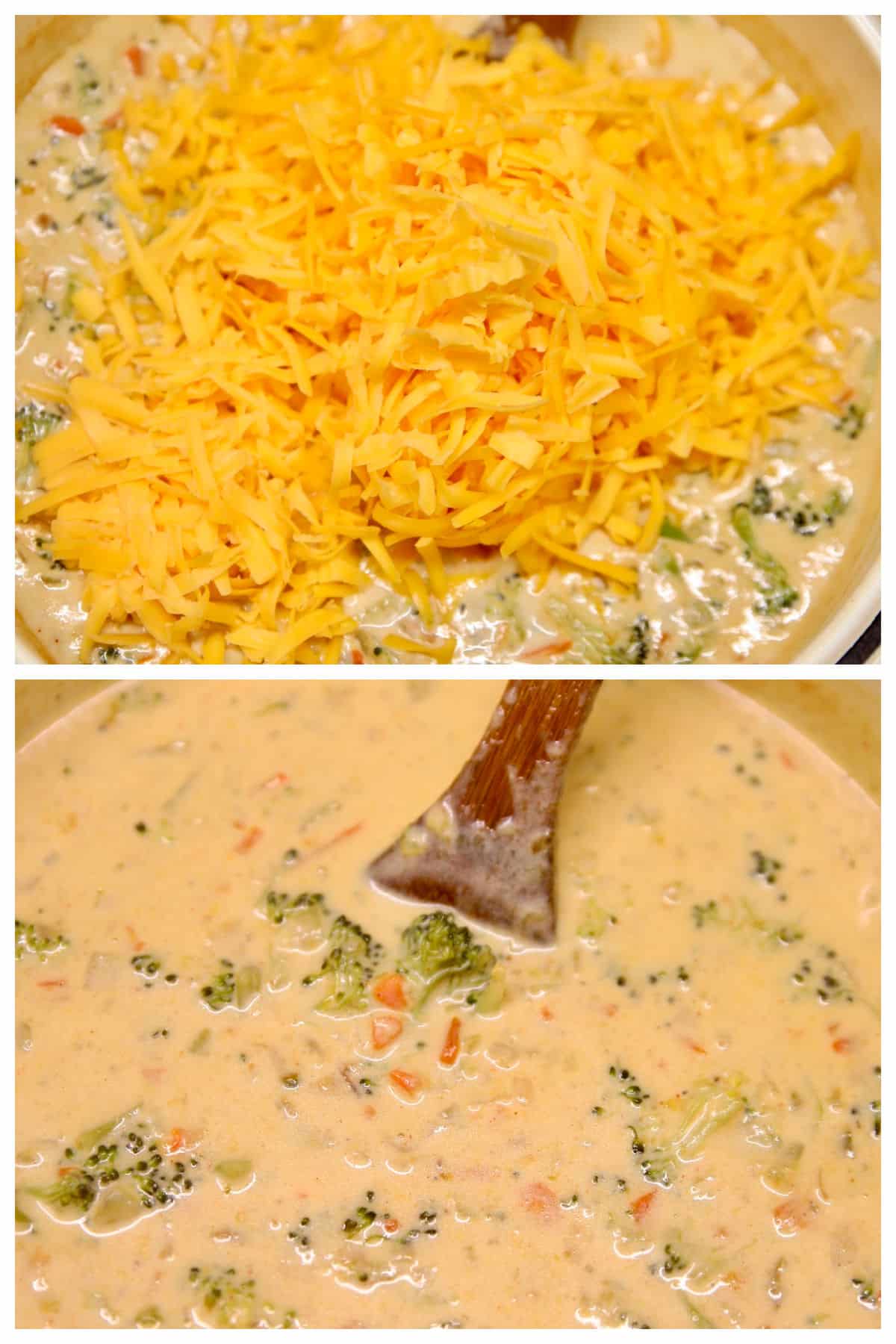 Collage adding shredded cheese to broccoli cheese soup - mixed.