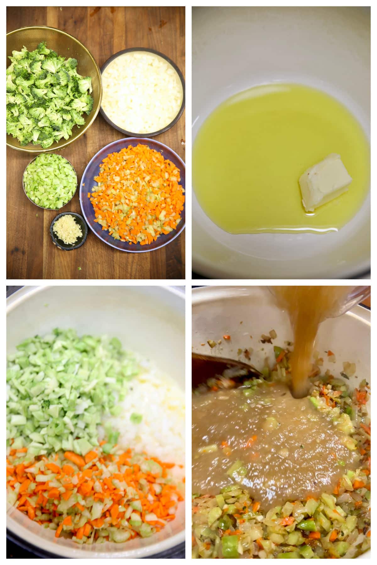 Collage: Chopped broccoli, onions, carrots, celery and garlic, Cooking in a pan, adding broth.