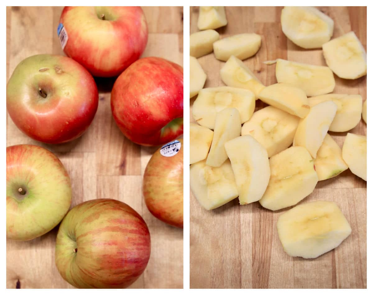 Collage: honey crisp apples, peeled cut into quarters.