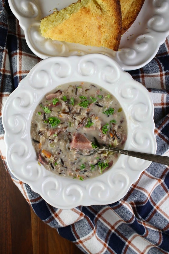 Creamy Ham & Wild Rice Soup Recipe is delicious comfort food for busy weeknights and great for leftover holiday ham! From MissintheKitchen.com