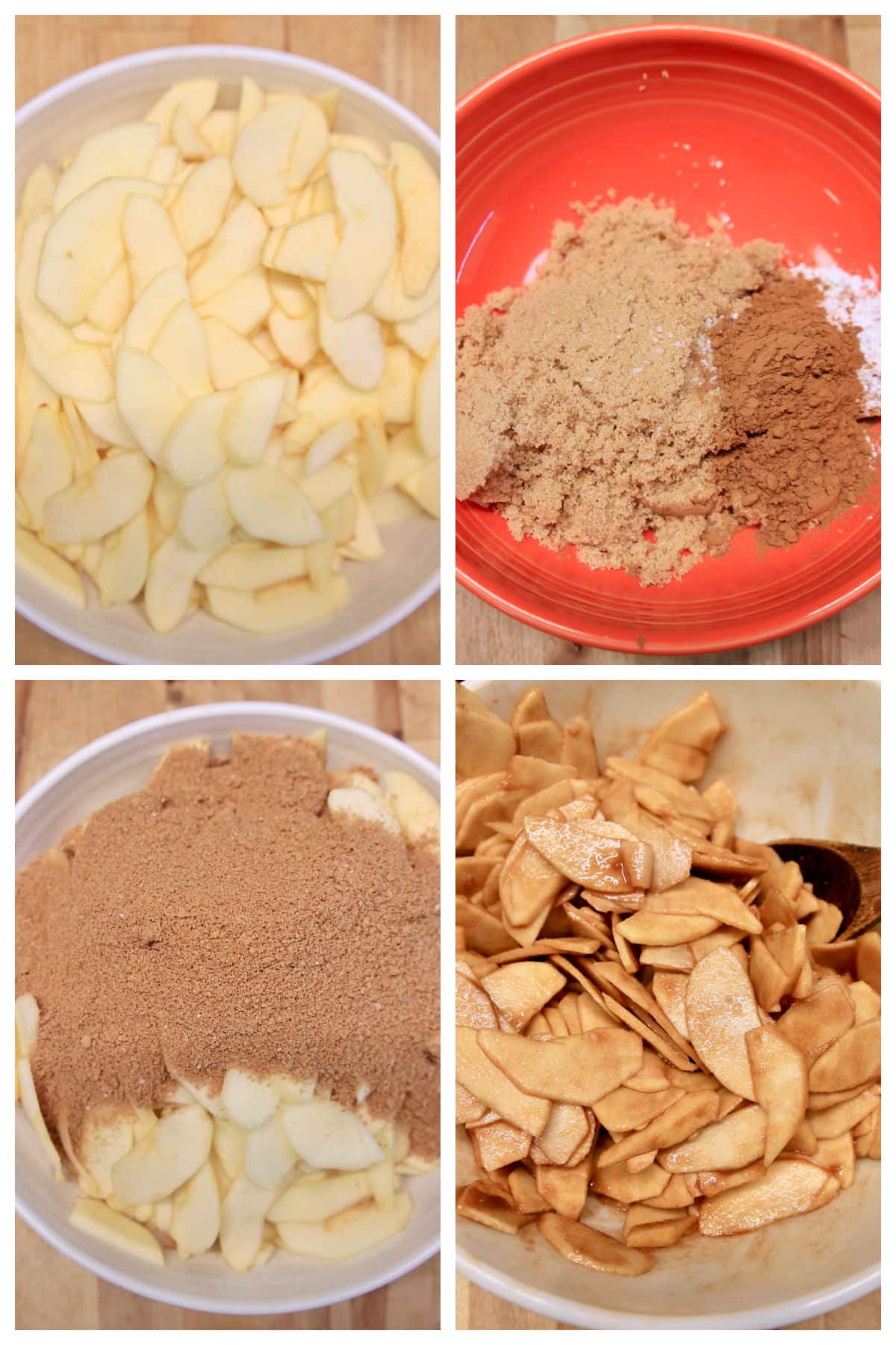 Collage: sliced apples, brown sugar cinnamon in a bowl, apples with sugar, mixed.