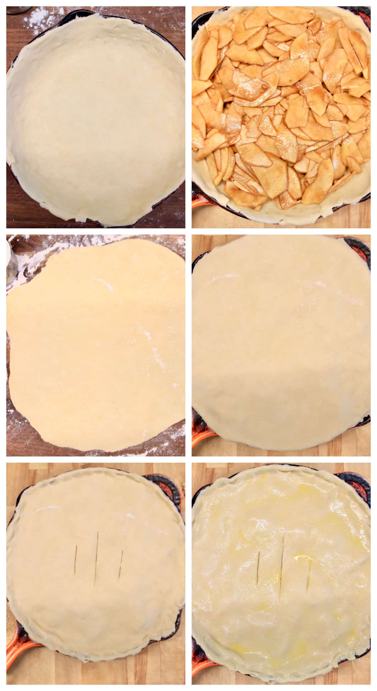 Collage: layering pie crust, cinnamon apples, top crust, egg wash. 