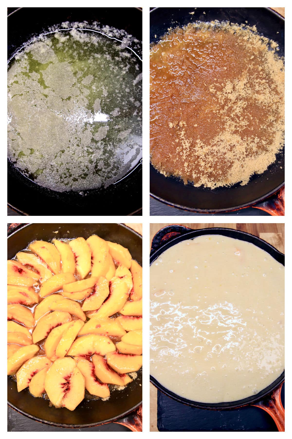 Collage making peach upside down cake in a skillet.