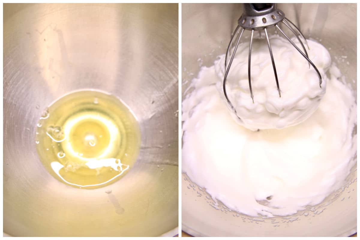 Collage beating egg whites in a mixing bowl.