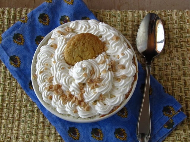 Banana pudding in bowl with spoon