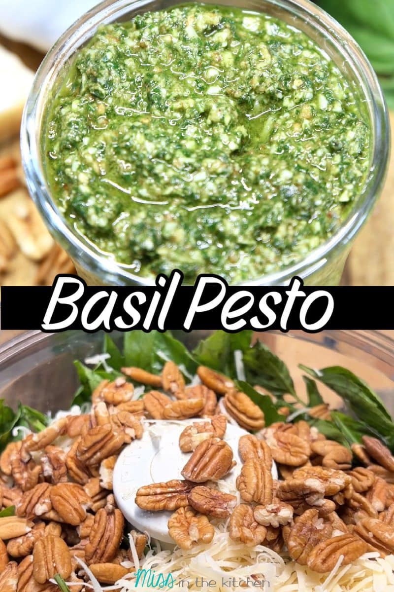 Collage: basil pesto/ ingredients in processor.